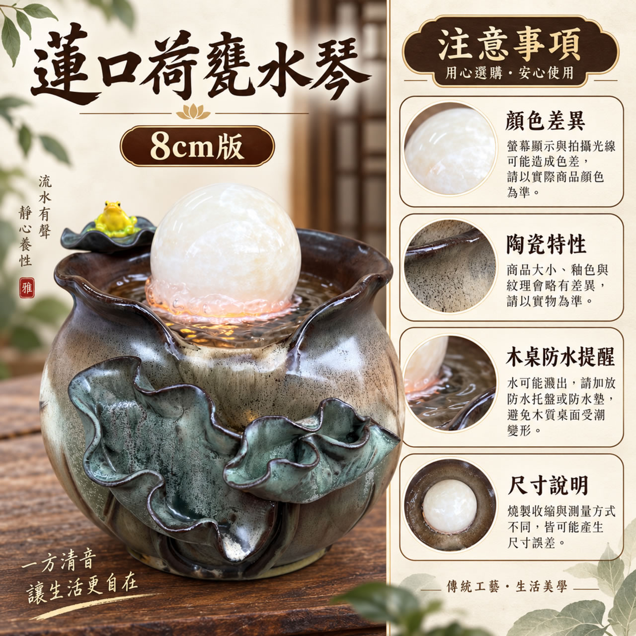 【唐楓滾球】蓮口荷甕水琴｜8cm球