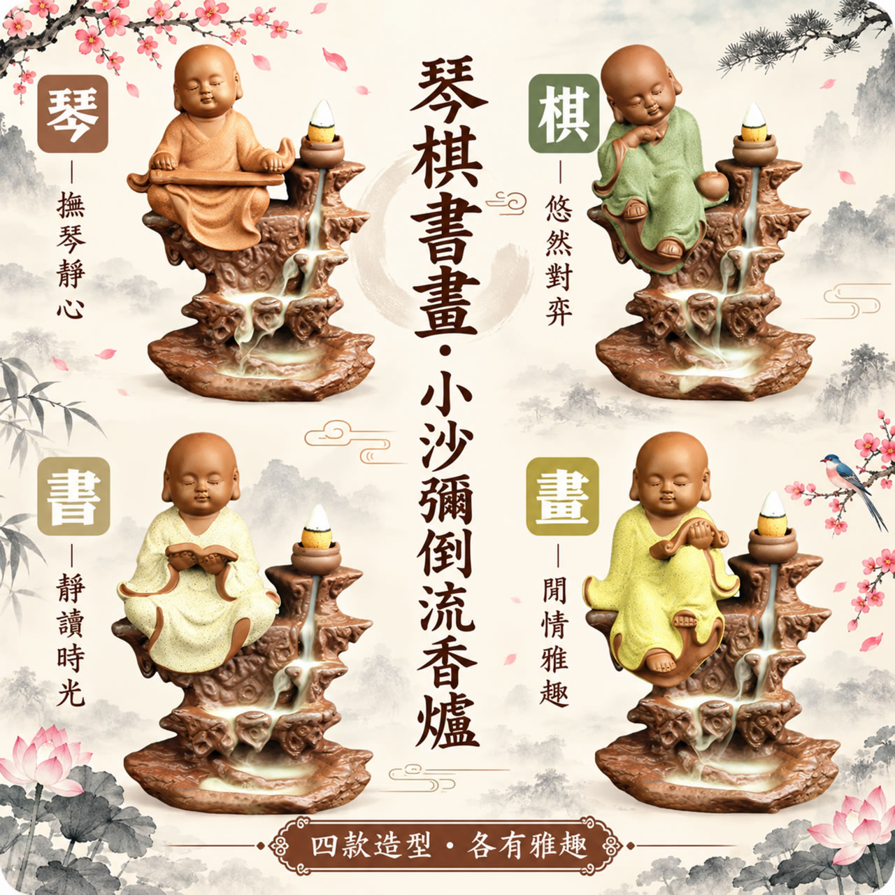【唐楓擺飾】小沙彌-琴棋書畫｜倒流香